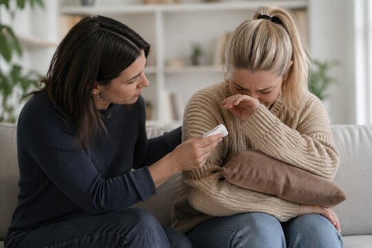 A woman offers a tissue to her crying friend on a sofa. This scene depicts empathy, support, and friendship during a difficult time. Perfect for mental health or relationship articles.