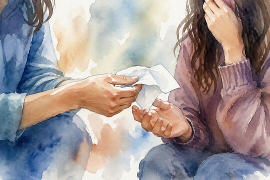 A person hands a tissue to a crying friend in a watercolor illustration. This depicts empathy, support, and kindness. Ideal for mental health, therapy, or friendship articles.