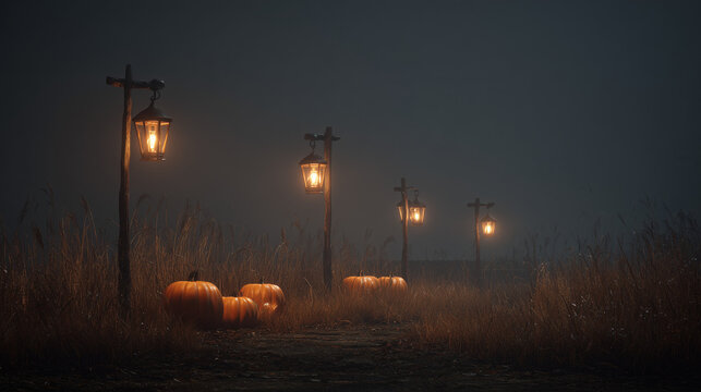 Pumpkins and lanterns illuminate a foggy path on a dark night in a spooky halloween scene