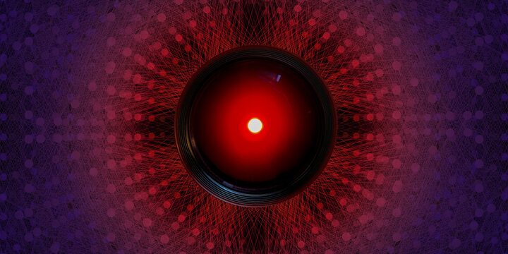 Camera lens with a glowing red core as an AI surveillance eye, set against a neural network gradient &mdash; symbolizing control, risk, and the dangers of unchecked artificial intelligence.