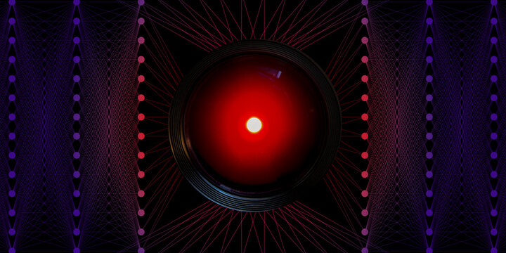 Camera lens with a glowing red core as an AI surveillance eye, set against a neural network gradient &mdash; symbolizing control, risk, and the dangers of unchecked artificial intelligence.