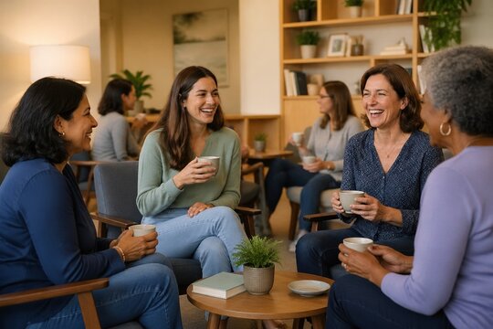 Diverse women sitting in a circle, laughing and drinking coffee in a cozy lounge. A warm social gathering or support group session. Ideal for community and wellness themes.