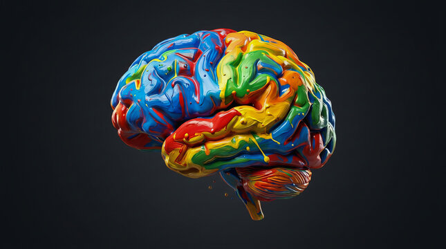 Colorful human brain model with vibrant rainbow paint covering the surface, isolated on dark background for creative or medical illustration use.