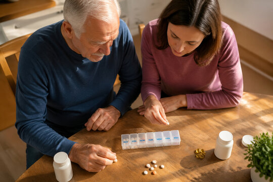 Senior man and woman organize pills into a weekly box. Scene highlights care and health management for the elderly. Useful for healthcare, aging, and family support themes.