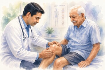 Obraz premium A watercolor painting of a male doctor in a white coat examining an elderly man's knee in a clinic. The scene depicts professional medical care and empathy. Ideal for healthcare articles.