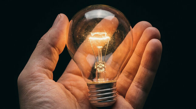 Hand holding glowing incandescent light bulb against dark background, symbolizing ideas, innovation, and energy concepts in photography.