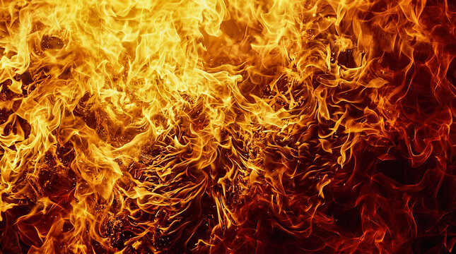 Intense flames engulf a dark background in a dynamic fire scene with swirling orange and yellow tongues of fire rising upward.