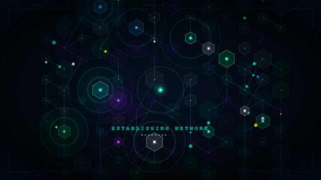 Abstract digital technology network background with glowing hexagon pattern and connection nodes