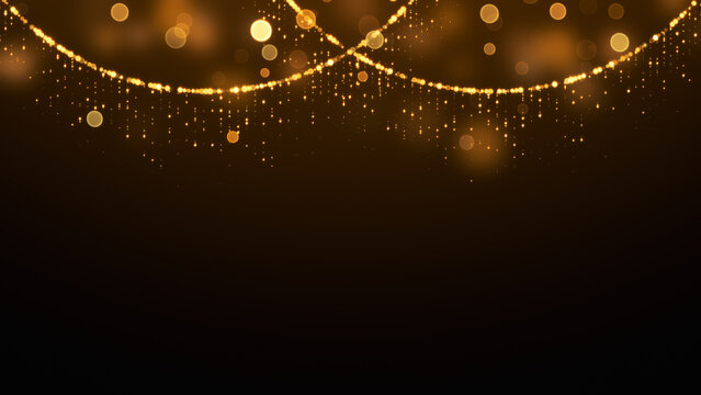 golden shiny and glittering particles strings and bokeh lights , abstract luxury christmas and new year social media background