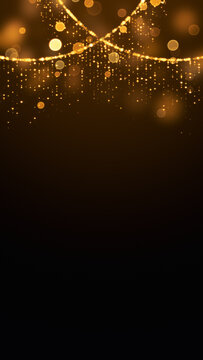 golden shiny and glittering particles strings and bokeh lights , abstract luxury christmas and new year vertical social media background