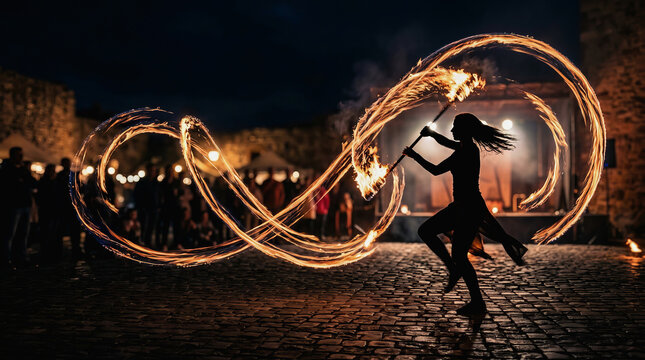 Silhouette of female fire dancer spinning flaming poi in a circle at night on cobblestone street with stone buildings and crowd watching