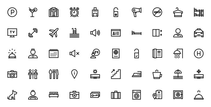 Hotel icon set. Vector illustration of hotel, travel and service symbols including parking, cocktail, luggage, taxi, bed, swimming pool, elevator, key and more.