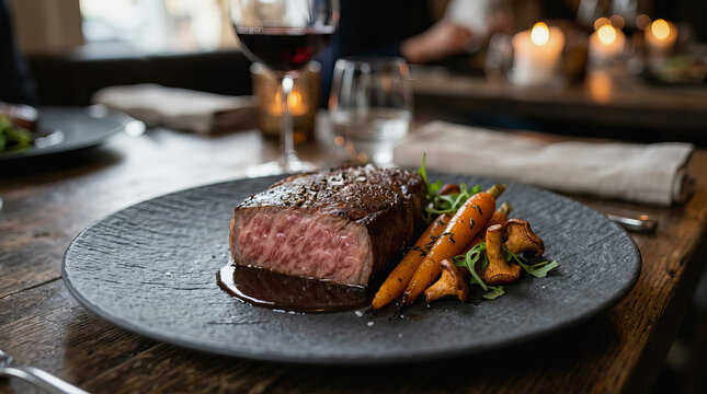 Sliced medium rare steak with roasted carrots and greens on a dark plate in a dimly lit restaurant setting with wine glasses.