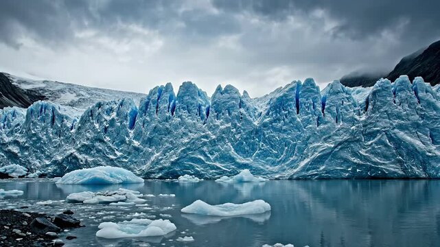 Asian woman in red expedition parka walks beside blue glacier wall and icy lake under stormy mountain sky with windblown hair. Concept of polar adventure and climate exploration