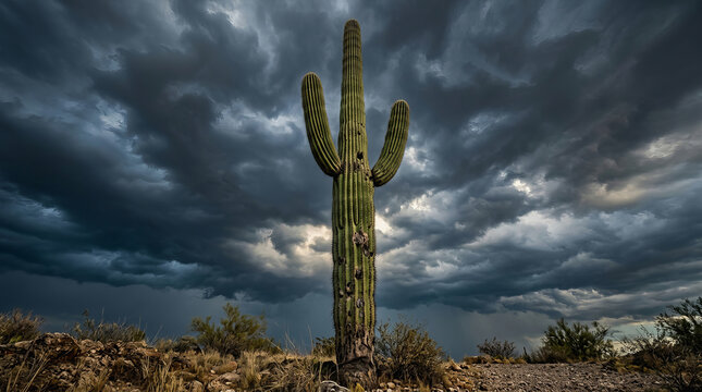 Tall saguaro cactus stands alone in desert landscape under dramatic dark storm clouds with lightning brewing overhead.