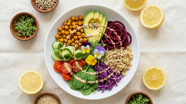 Top down view of a colorful healthy grain bowl with avocado, chickpeas, kale, quinoa, and lemon slices on a white cloth background.