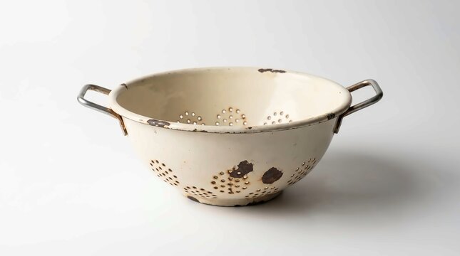 Vintage enamel colander with handles on a clean white background