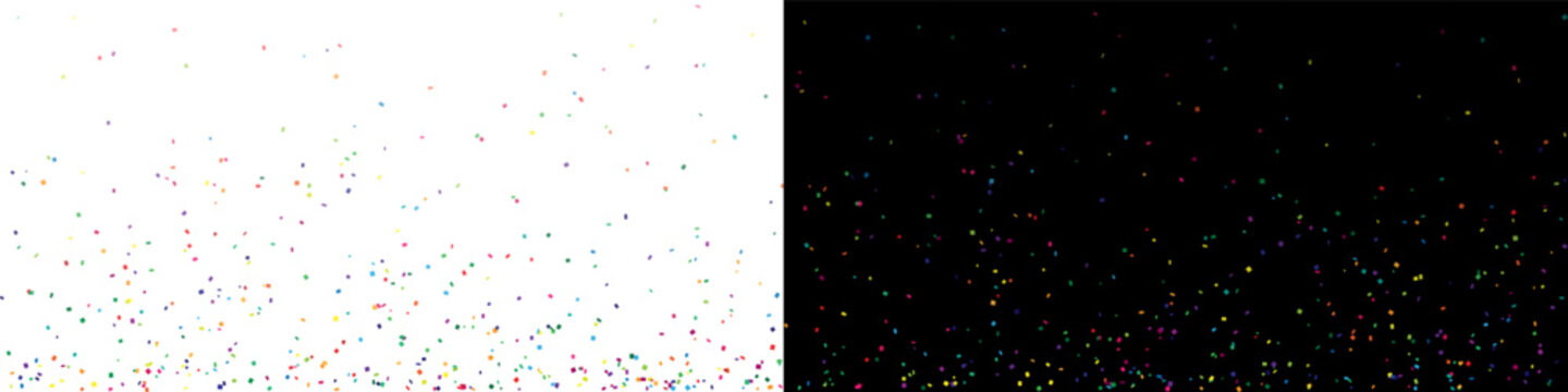 Colorful falling confetti particles on white and black background, festive celebration abstract backdrop with vibrant paper pieces for party, event, holiday and carnival design