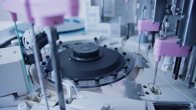 Top view automated laboratory analyzer dispensing and rotating samples inside clinical diagnostics lab bench.