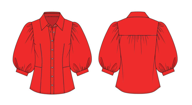Red puffy sleeve button down shirt.