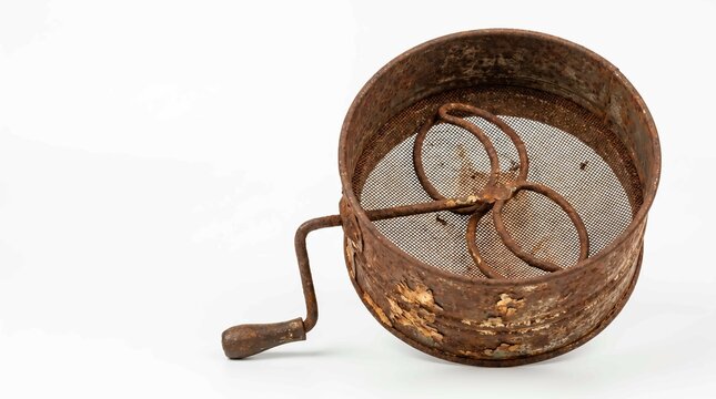 Antique rusted flour sifter with wooden handle, vintage kitchen tool