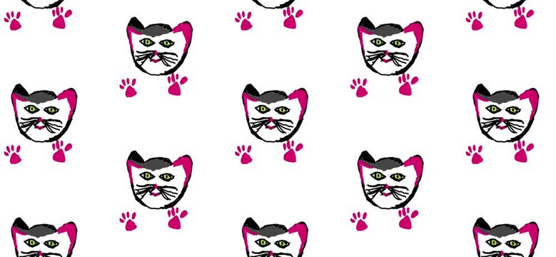 Neon Pink and Green Punk Cat Pattern on White, Hand-Drawn Naive Style Animal Illustration, Funky Pet Background, 4K Loop