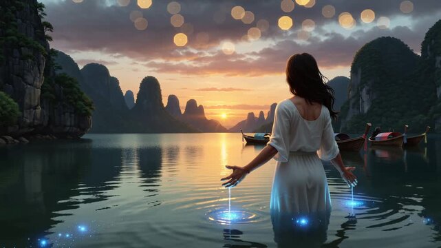 Woman in a white dress standing in a tranquil bay at sunset, glowing blue magic light dripping from her hands. Majestic karst mountains, traditional boats, and bokeh lights fill the background.
