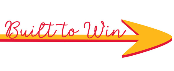 Built to Win American football motivational sticker with arrow in red and gold. Bold retro typography for fan apparel, merchandise, posters and sport graphic projects. © roberta