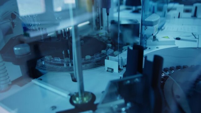 Slow motion robotic pipette dispensing sample vials in clinical laboratory benchtop analyzer during automated processing.