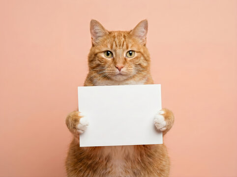Orange cat holds blank sign standing against soft orange studio background.