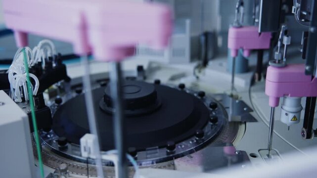 Closeup of robotic pipettes dispensing liquid into circular sample carousel in clinical laboratory.