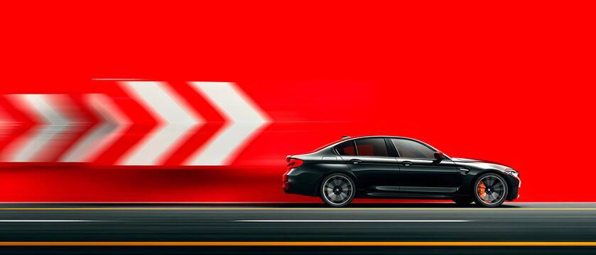 Black BMW Sedan Racing Road Motion Blur White Arrow Red Background Speed Power Dynamic
