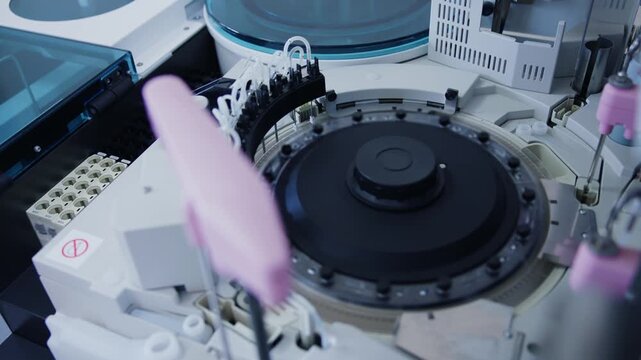 Slow motion centrifuge rotating inside clinical laboratory analyzer during sample loading with robotic pipette.