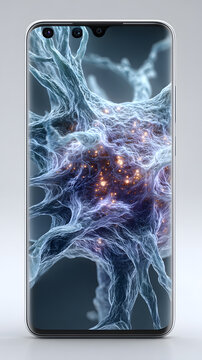 Smartphone Screen Glowing Blue Neural Network Orange Spark Center Dark Background Technology Science Digital