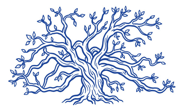 Blue sketch illustration of a spreading ancient tree with winding branches and roots