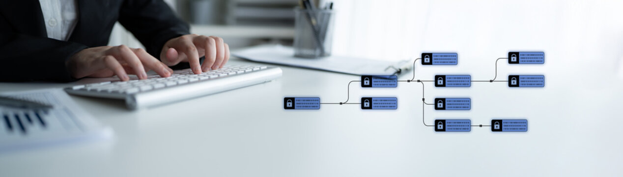 Blockchain structure showing distributed data blocks linked with encryption, representing secure transaction verification, decentralized control, and immutable record system Latch