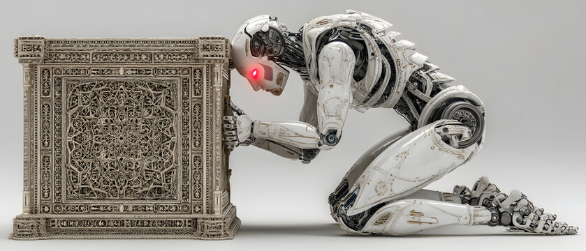 White Robot Android Kneeling Ornate Carved Stone Panel Red Eye Technology Science Fiction Art
