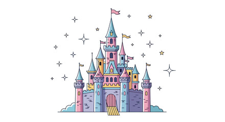 Fairy Tale Castle Illustration: Pink and Blue Palace with Stars and Flags © beni