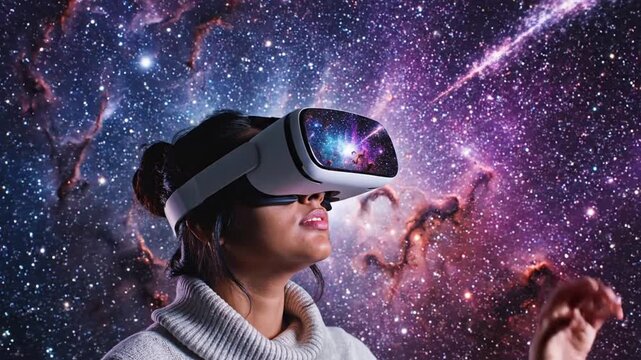 Woman with VR headset immersed in futuristic space nebula experience