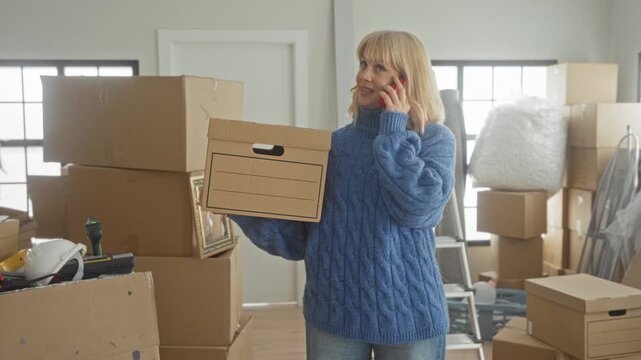 Woman holding a cardboard box and talking on a smartphone, hand to ear, carrying boxes amid stacked packing boxes, ladder and bubblewrap in a building; moving stress.
