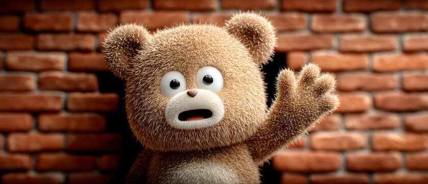 Cute 3D Cartoon Bear Peeking Around Brick Wall Surprised Funny Character Waving