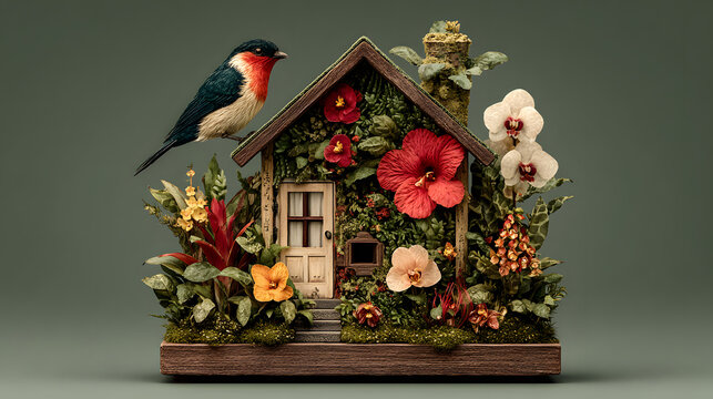 Green Mossy Birdhouse with Red White Flower and Bird Perched on Roof 3D Art