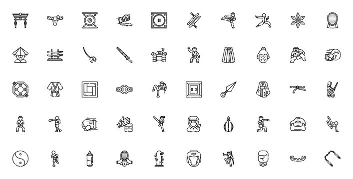 Martial arts icon set. Vector symbols for karate, kung fu, taekwondo, samurai, ninja, boxing, weapons and more. Editable thin line icons.