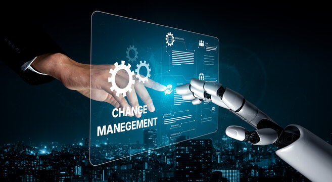 AI supports business transformation through change management strategies combining innovation, globalization, solution enablement, and team collaboration Vouch