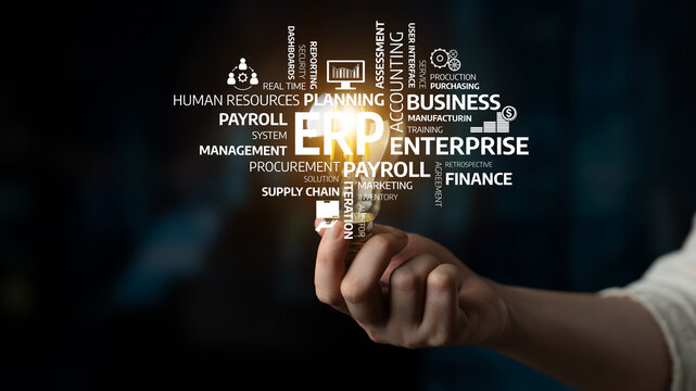 A business professional showcases key terms related to enterprise resource planning and management, emphasizing solutions for finance and operational efficiency. Tessel