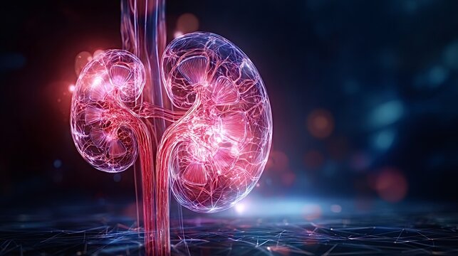 Human kidneys and the renal system appearing as a vibrant glowing wireframe, depicting the complex anatomy and biological function related to health and medical science