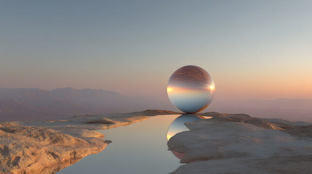 Reflective chrome sphere desert rock water pool sunset mountain landscape surreal minimal art