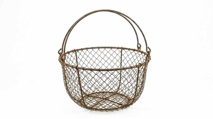 Obraz premium Vintage Rustic Wire Basket with Handles, Isolated on White Background