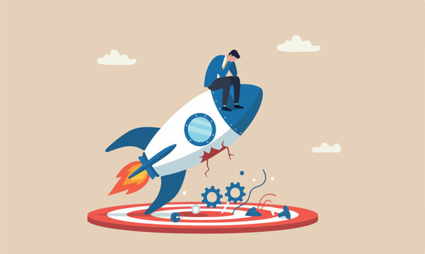 businessman red big bullseye target company on crash launching space rocket metaphor new business failure