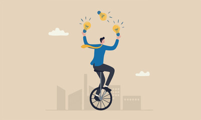 Creativity solid pale beige or cream color, with two smal innovation or skill to success in business, skillful businessman riding unicycle juggling lightbulb lamp metaphor of plenty ideas © JWEL
